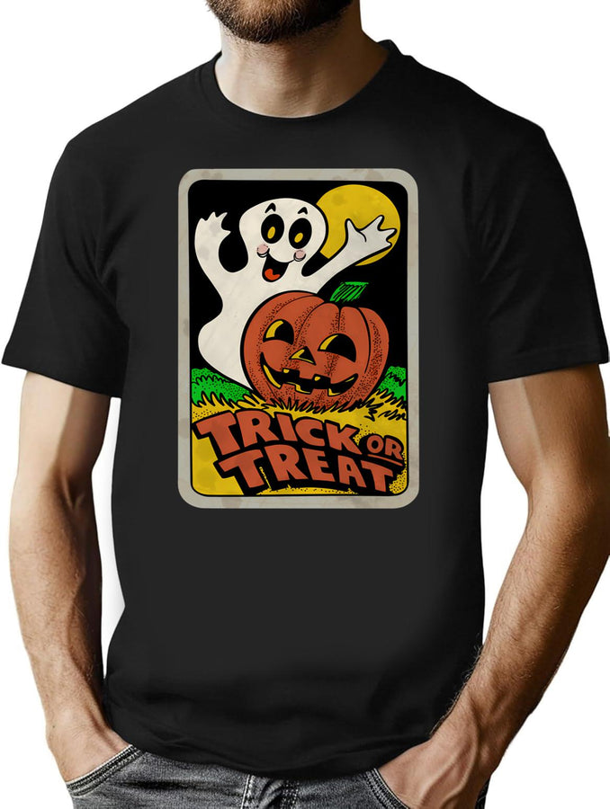 11 Vintage Halloween Trick Or Treat Ghost With Pumpkin T-Shirt for Men & Women, T-Shirts Graphic Tee - Black
