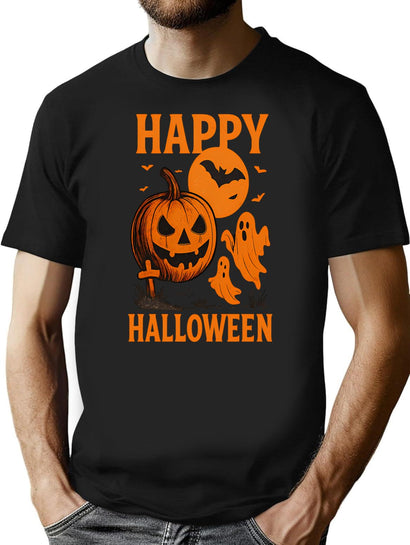 168 Happy Halloween Vintage Pumpkin Ghost T-Shirt T-Shirt for Men & Women, T-Shirts Graphic Tee - Black