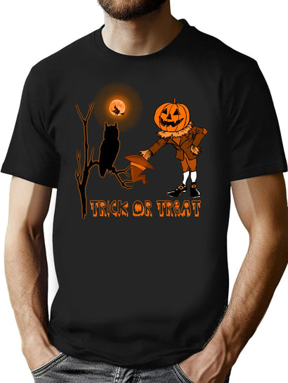 188 Trick Or Treat Scarecrow Witch Owl Moon T-Shirt for Men & Women, T-Shirts Graphic Tee - Black