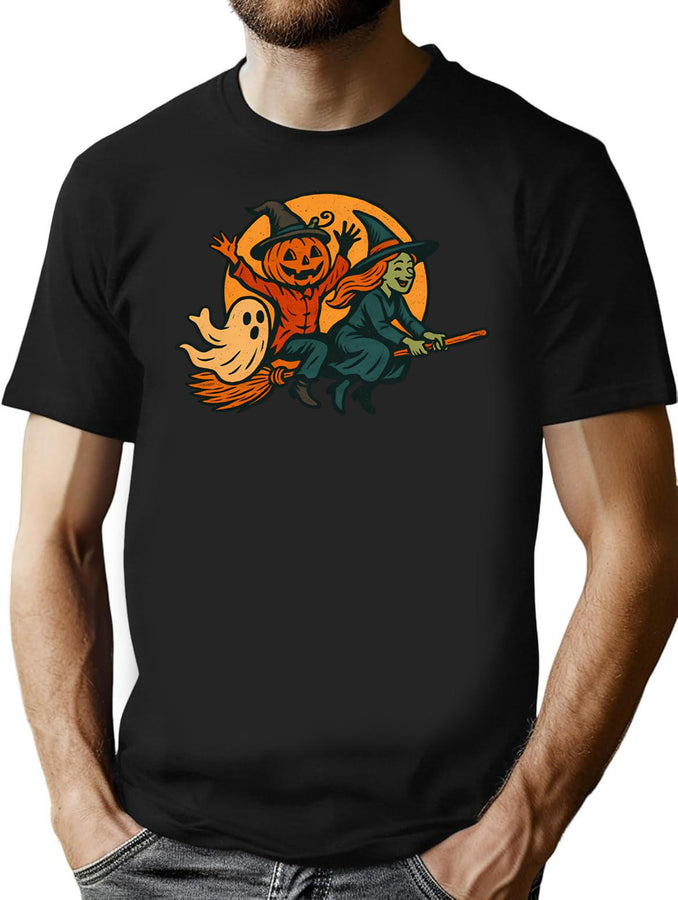 195 Retro Halloween Witch And Pumpkin Illustration Png T-Shirt for Men & Women, T-Shirts Graphic Tee - Black