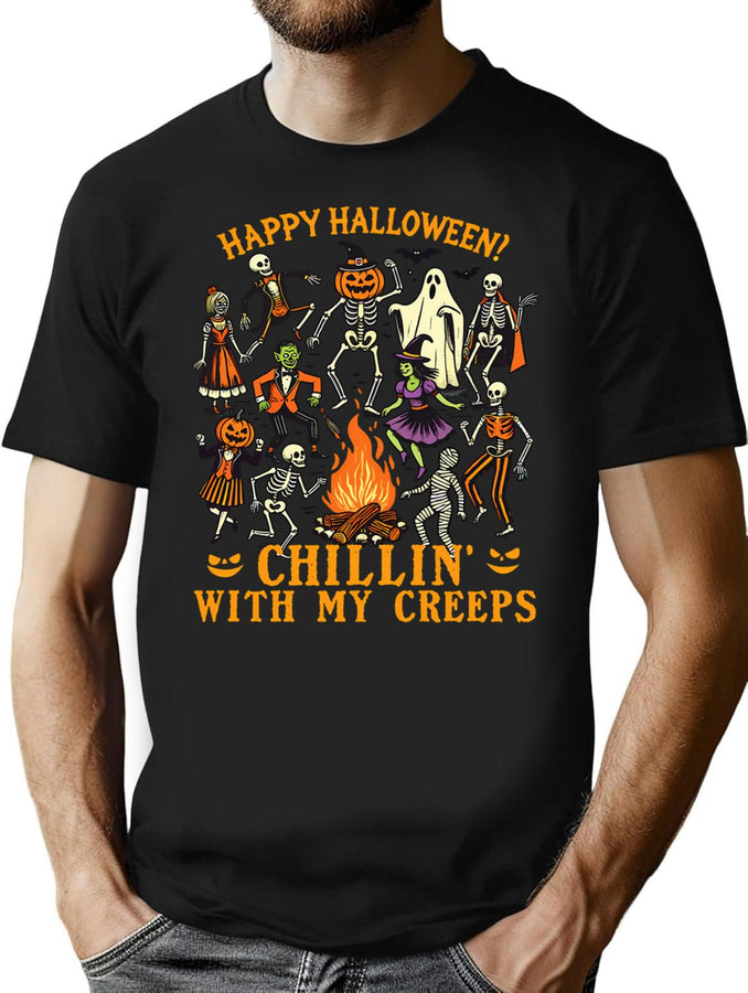 206 Halloween Fun With Chillin' Creeps T-Shirt for Men & Women, T-Shirts Graphic Tee - Black
