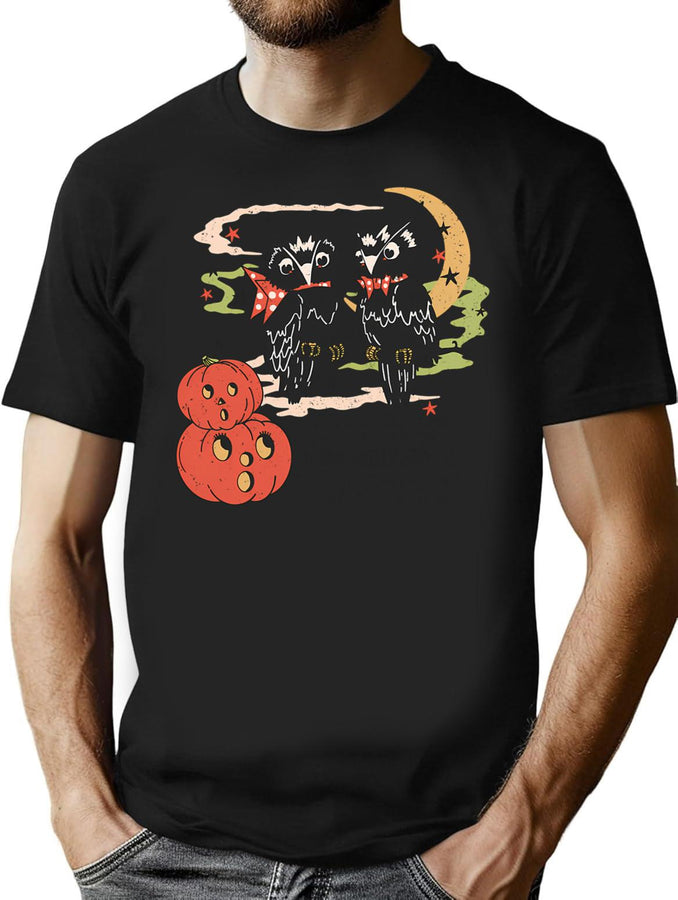 213 Scary Halloween Owls With Pumpkins Retro Design T-Shirt for Men & Women, T-Shirts Graphic Tee - Black