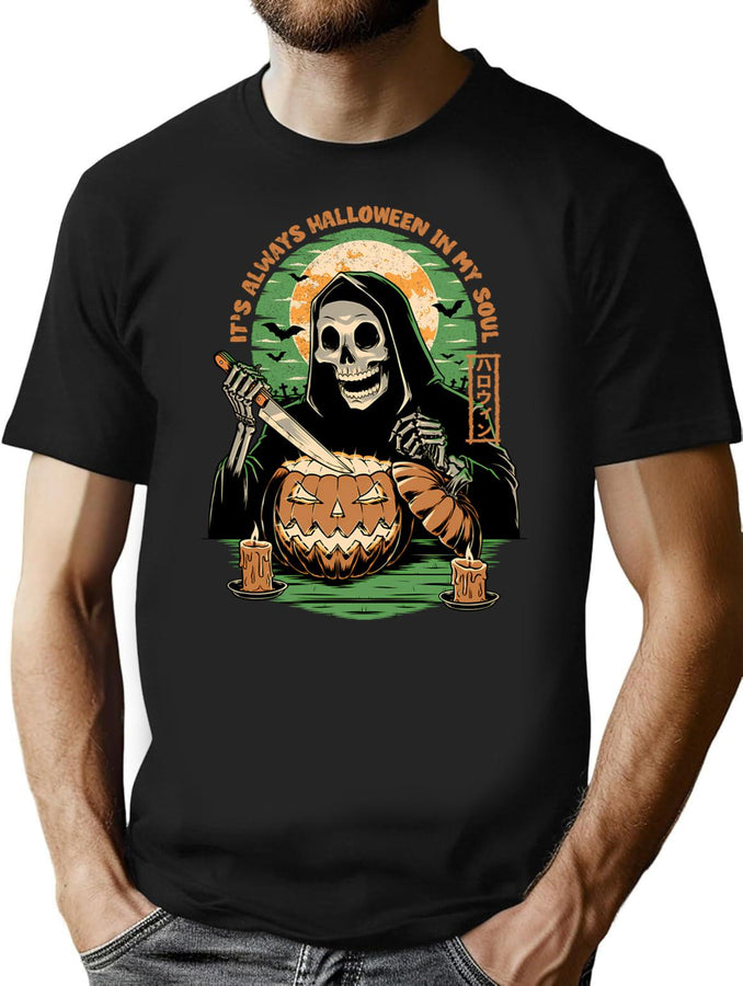 215 Halloween In My Soul - Pumpkin Skeleton Carving T-Shirt for Men & Women, T-Shirts Graphic Tee - Black
