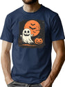 259 Spooky Ghost And Jack-O'-Lantern T-Shirt for Men & Women, T-Shirts Graphic Tee - Navy