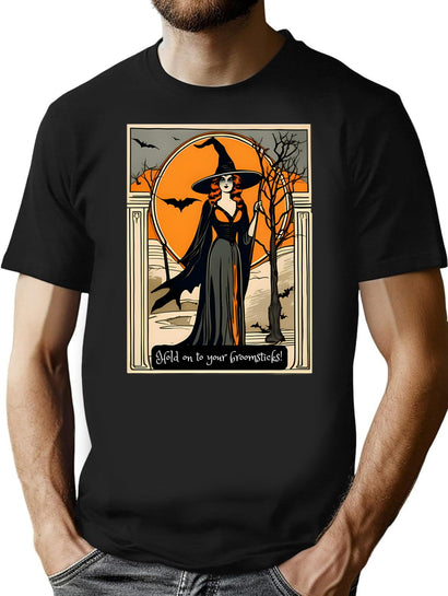 265 Vintage Witch Halloween Postcard T-Shirt for Men & Women, T-Shirts Graphic Tee - Black