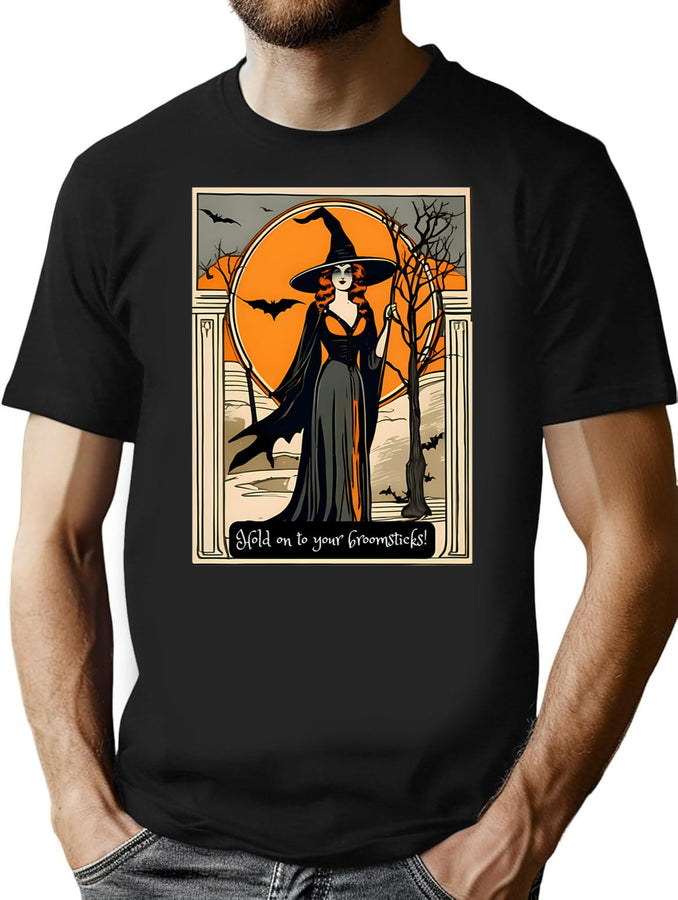 265 Vintage Witch Halloween Postcard T-Shirt for Men & Women, T-Shirts Graphic Tee - Black