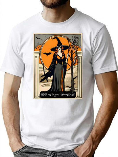 265 Vintage Witch Halloween Postcard T-Shirt for Men & Women, T-Shirts Graphic Tee - Black