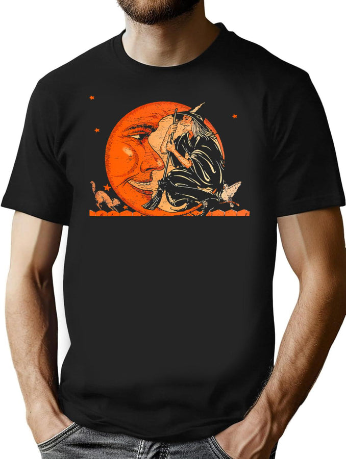 281 Great Vintage Witch And Moon Halloween T-Shirt for Men & Women, T-Shirts Graphic Tee - Black