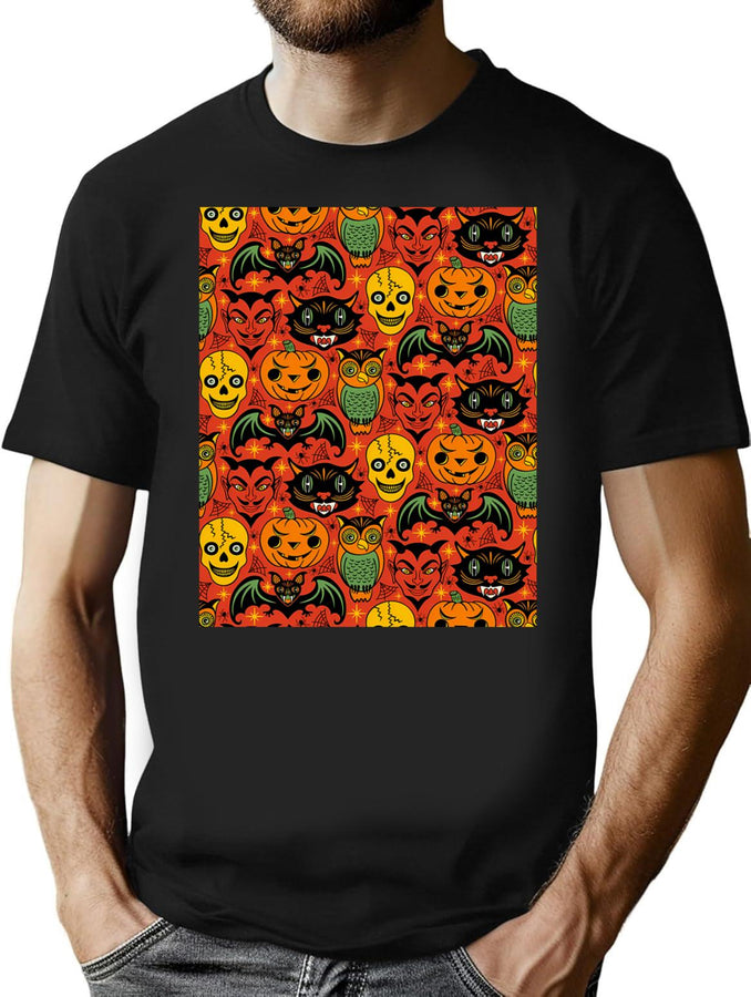 293 Retro Halloween Pattern T-Shirt for Men & Women, T-Shirts Graphic Tee - Black