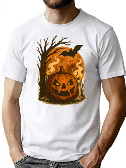 30 Grinning Pumpkin With Candles And Bat Vintage Halloween Art T-Shirt for Men & Women, T-Shirts Graphic Tee - Black