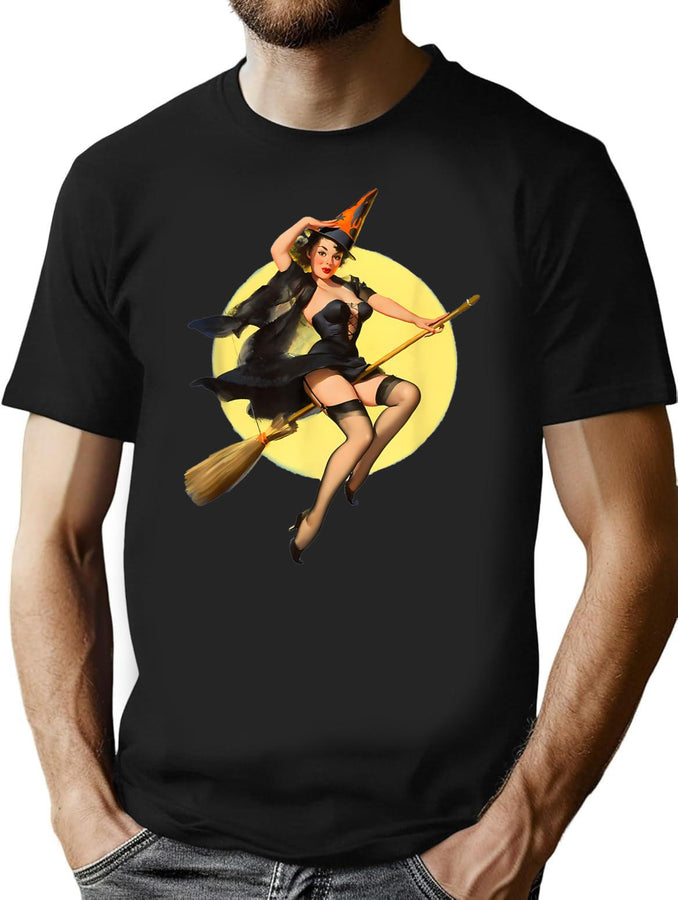 317 Vintage Pin Up Witch Halloween Pinup Girl Funny T-Shirt for Men & Women, T-Shirts Graphic Tee - Black