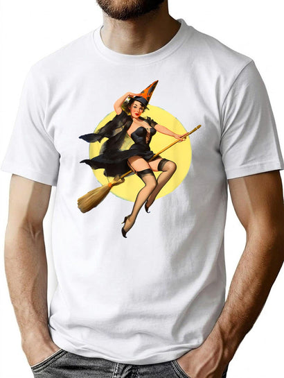 317 Vintage Pin Up Witch Halloween Pinup Girl Funny T-Shirt for Men & Women, T-Shirts Graphic Tee - Black