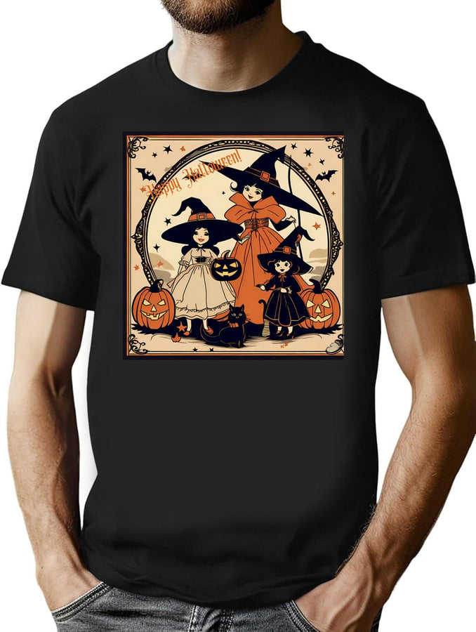 351 Vintage Happy Halloween Witches T-Shirt for Men & Women, T-Shirts Graphic Tee - Black