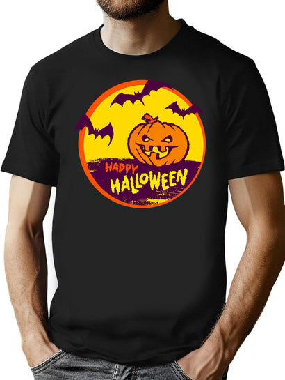 370 Happy Halloween Pumpkin And Bat T-Shirt for Men & Women, T-Shirts Graphic Tee - Black