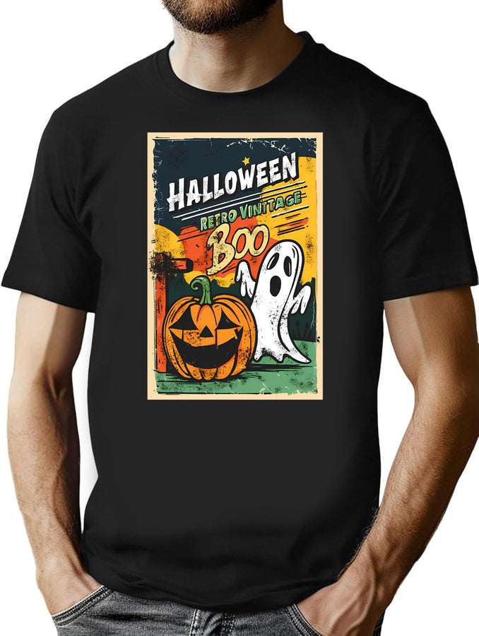 390 Halloween Vintage Pumpkin Boo T-Shirt for Men & Women, T-Shirts Graphic Tee - Black