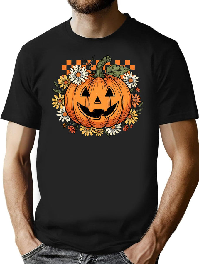 399 Retro Floral Pumpkin Halloween T-Shirt T-Shirt for Men & Women, T-Shirts Graphic Tee - Black