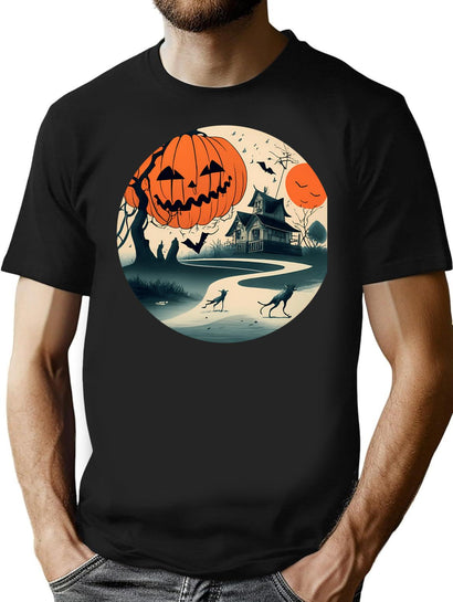 408 Scary Pumpkin House T-Shirt for Men & Women, T-Shirts Graphic Tee - Black