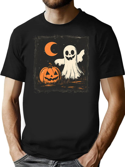 411 Moonlit Ghost And Pumpkin Delight T-Shirt for Men & Women, T-Shirts Graphic Tee - Black
