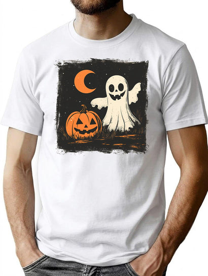 411 Moonlit Ghost And Pumpkin Delight T-Shirt for Men & Women, T-Shirts Graphic Tee - Black