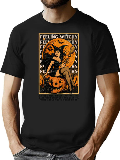 423 Retro Sexy Witch On Pumpkin T-Shirt for Men & Women, T-Shirts Graphic Tee - Black