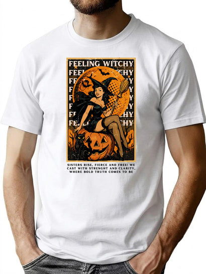 423 Retro Sexy Witch On Pumpkin T-Shirt for Men & Women, T-Shirts Graphic Tee - Black