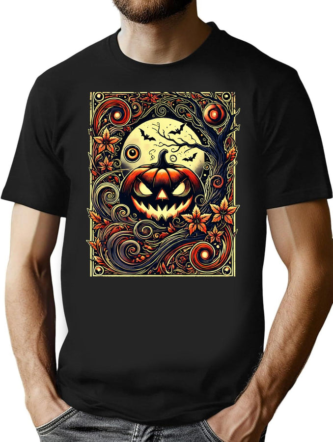 434 Halloween Pumpkin Jack-O'-Lantern Gothic Art - Spooky Moonlit Design T-Shirt for Men & Women, T-Shirts Graphic Tee - Black