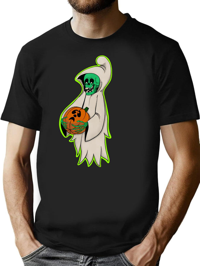 437 Vintage Halloween Skeleton Ghost With Pumpkin T-Shirt for Men & Women, T-Shirts Graphic Tee - Black