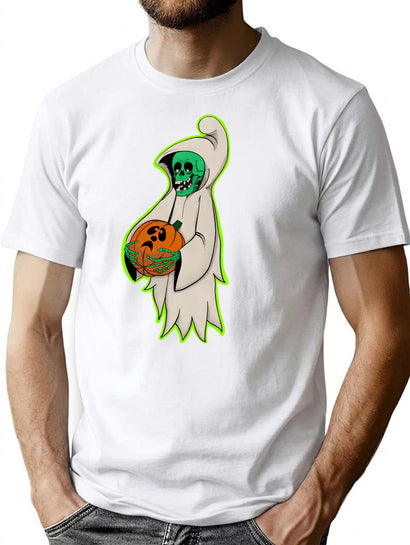 437 Vintage Halloween Skeleton Ghost With Pumpkin T-Shirt for Men & Women, T-Shirts Graphic Tee - Black