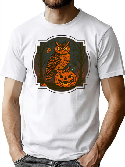 441 Watcher On The Pumpkin Vintage Owl Jack-O-Lantern Design T-Shirt for Men & Women, T-Shirts Graphic Tee - Black