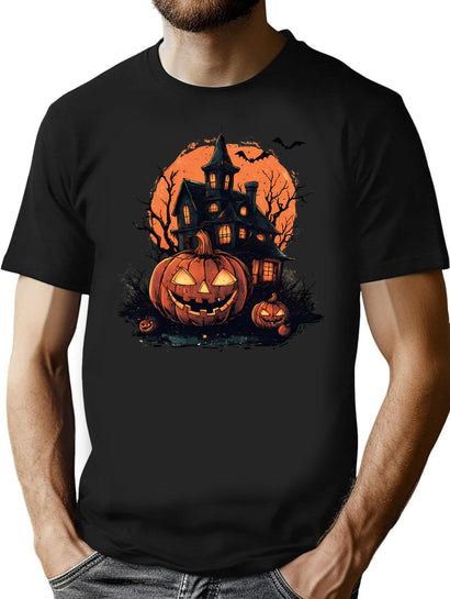 450 Haunted House And Jack-O'-Lanterns T-Shirt for Men & Women, T-Shirts Graphic Tee - Black
