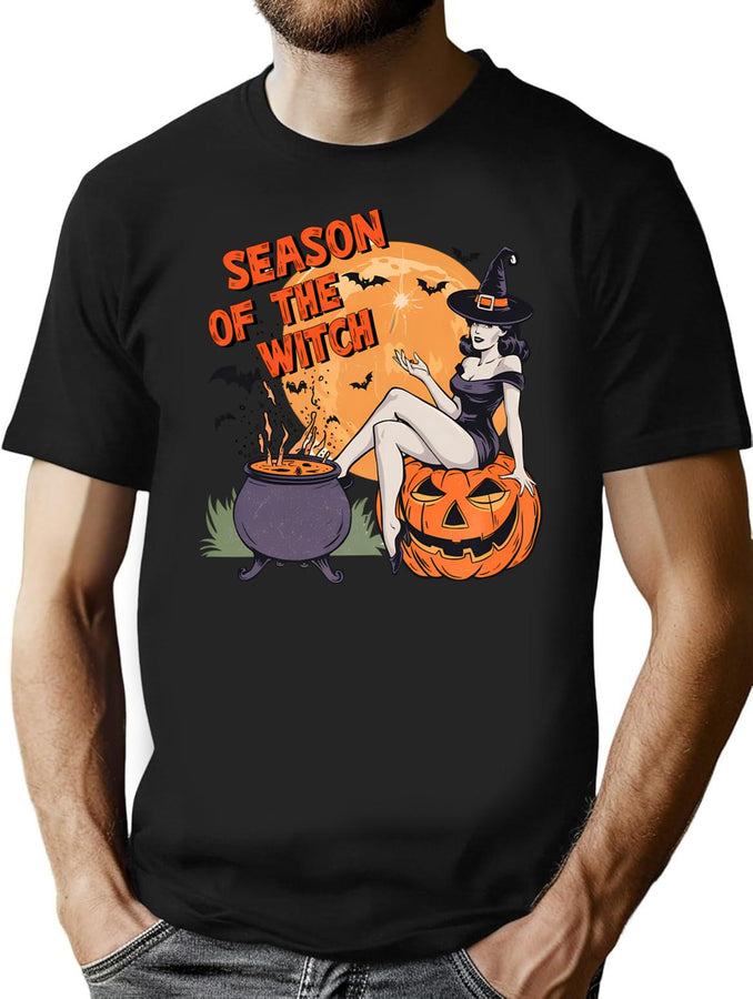 500 Season Of The Witch - Vintage Halloween Pin-Up Design T-Shirt for Men & Women, T-Shirts Graphic Tee - Black