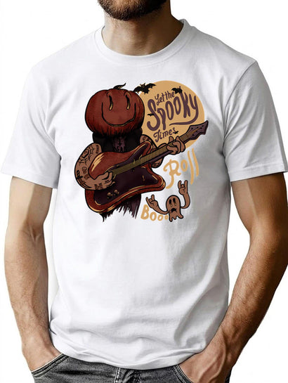 503 Let The Spooky Times Roll - Halloween Pumpkin Playing Guitar - Good Times Roll T-Shirt for Men & Women, T-Shirts Graphic Tee - Black