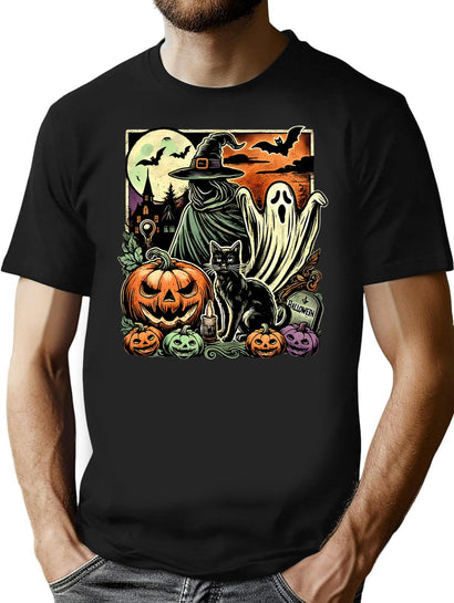 546 Vintage Halloween Witch Ghost And Classic Pumpkin T-Shirt for Men & Women, T-Shirts Graphic Tee - Black