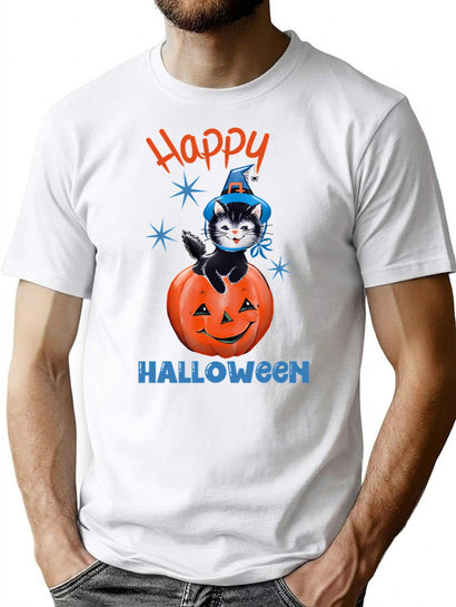592 Retro Happy Halloween Kitty With Vintage Jack-O-Lantern Pumpkin T-Shirt for Men & Women, T-Shirts Graphic Tee - Black