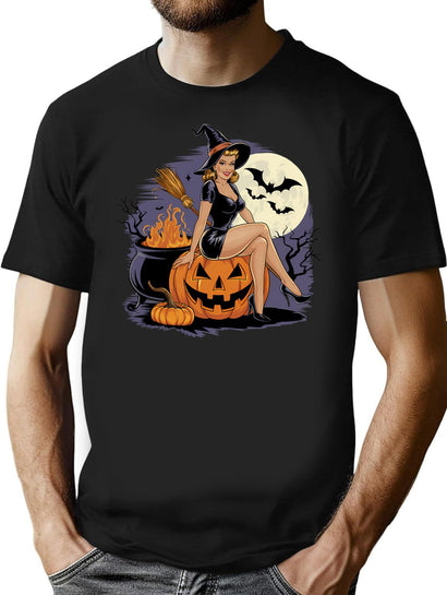 639 Pinup Witch On A Pumpkin T-Shirt for Men & Women, T-Shirts Graphic Tee - Black