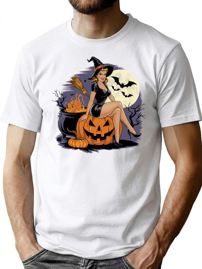 639 Pinup Witch On A Pumpkin T-Shirt for Men & Women, T-Shirts Graphic Tee - Black