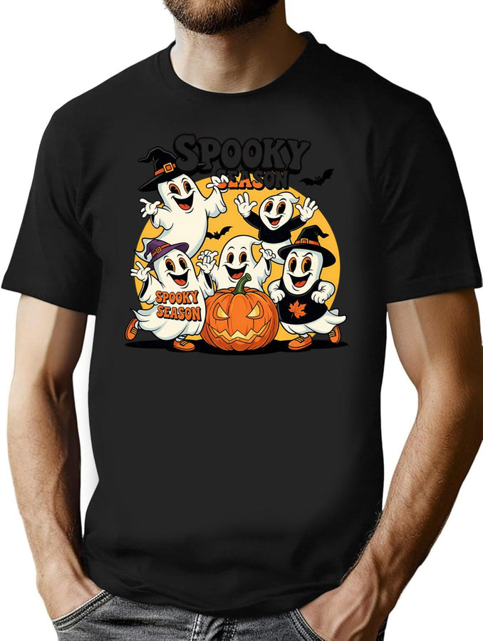 648 Vintage Halloween Ghost Holding Pumpkin Trick Or Treat Cute Retro Cartoon T-Shirt for Men & Women, T-Shirts Graphic Tee - Black