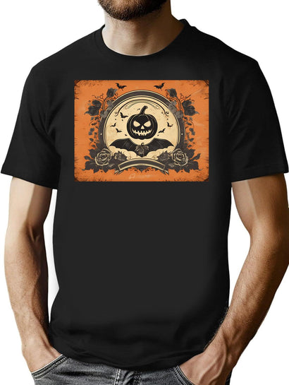 673 Retro Vintage Pumpkin With A Bat T-Shirt for Men & Women, T-Shirts Graphic Tee - Black