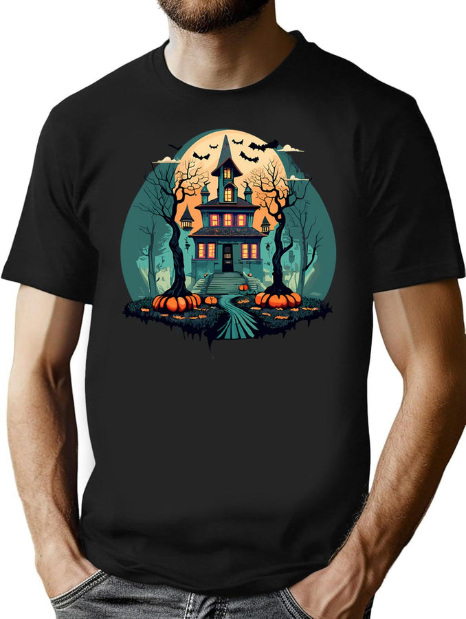 692 Creative Vintage Pumpkin Scene Halloween T-Shirt for Men & Women, T-Shirts Graphic Tee - Black