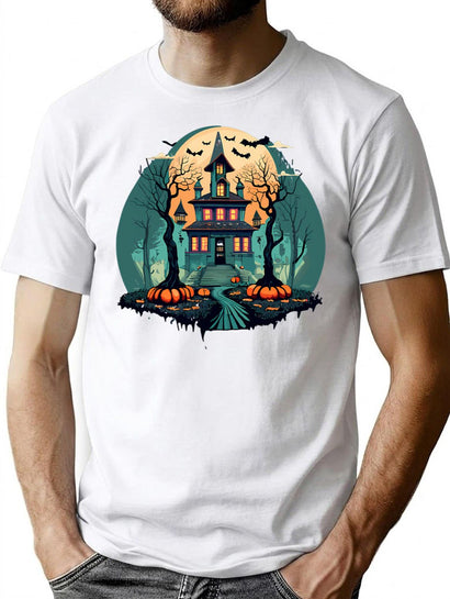 692 Creative Vintage Pumpkin Scene Halloween T-Shirt for Men & Women, T-Shirts Graphic Tee - Black