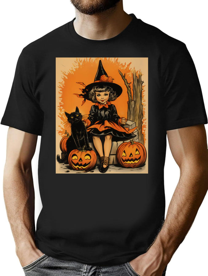 699 Cute Vintage Witch Print T-Shirt for Men & Women, T-Shirts Graphic Tee - Black