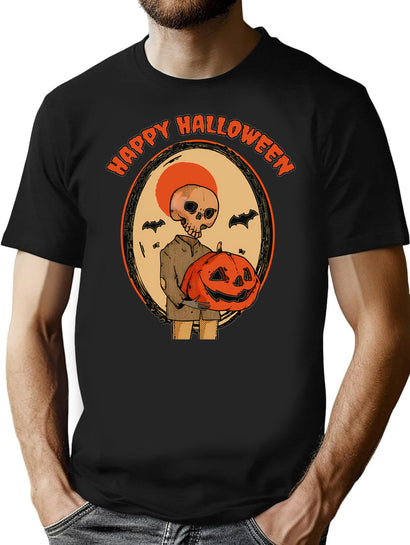 71 Happy Hollween Skull Pumpkin And Bats Design T-Shirt for Men & Women, T-Shirts Graphic Tee - Black