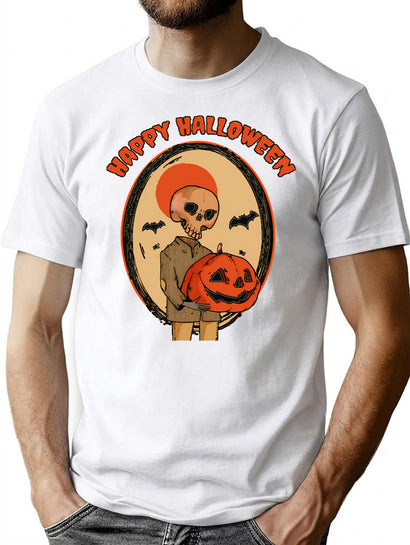 71 Happy Hollween Skull Pumpkin And Bats Design T-Shirt for Men & Women, T-Shirts Graphic Tee - Black