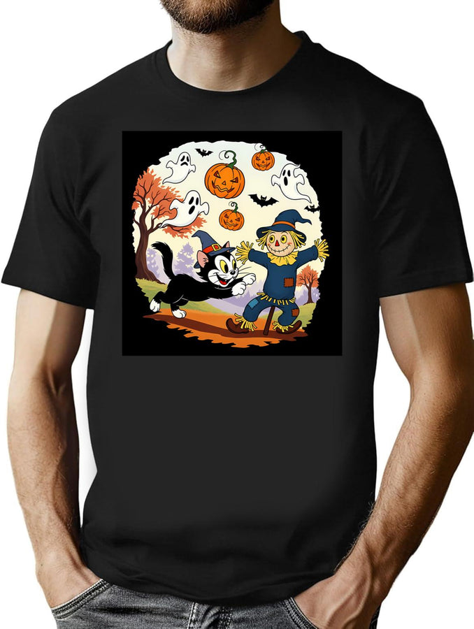 712 Vintage Halloween Ghost Holding Pumpkin Trick Or Treat Cute Retro Cartoon T-Shirt for Men & Women, T-Shirts Graphic Tee - Black
