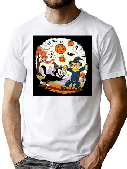 712 Vintage Halloween Ghost Holding Pumpkin Trick Or Treat Cute Retro Cartoon T-Shirt for Men & Women, T-Shirts Graphic Tee - Black