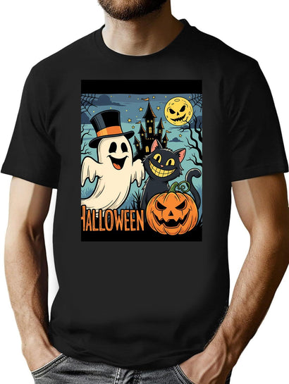 716 Vintage Halloween Ghost Holding Pumpkin Trick Or Treat Cute Retro Cartoon T-Shirt for Men & Women, T-Shirts Graphic Tee - Black