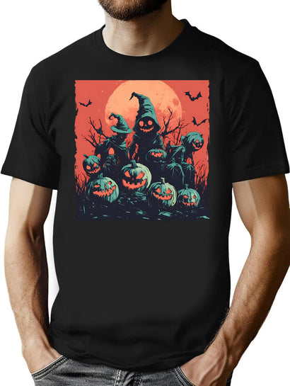 734 Spooky Pumpkin Patch With Haunted Scarecrows Under Blood Moon T-Shirt for Men & Women, T-Shirts Graphic Tee - Black