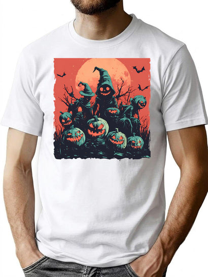 734 Spooky Pumpkin Patch With Haunted Scarecrows Under Blood Moon T-Shirt for Men & Women, T-Shirts Graphic Tee - Black