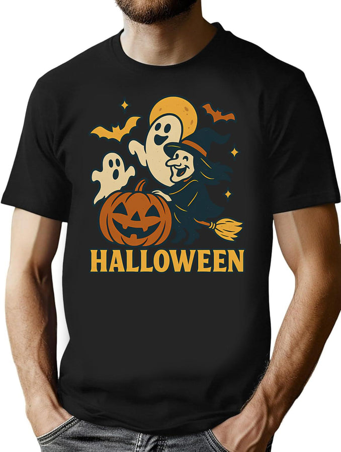 742 Spooky Smiles Halloween Ghost Pumpkin Party T-Shirt for Men & Women, T-Shirts Graphic Tee - Black