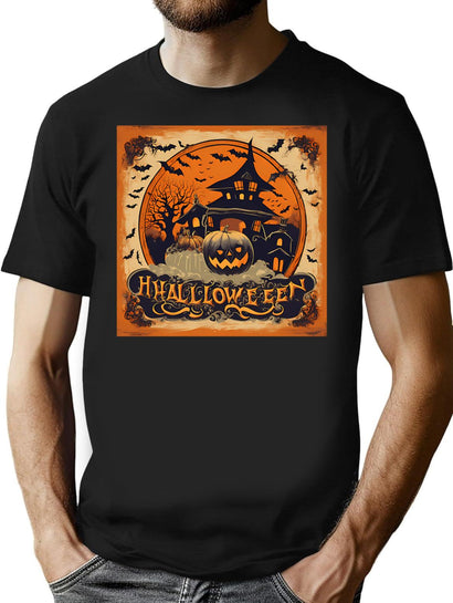 765 Pumpkin And Bats Illustration T-Shirt for Men & Women, T-Shirts Graphic Tee - Black